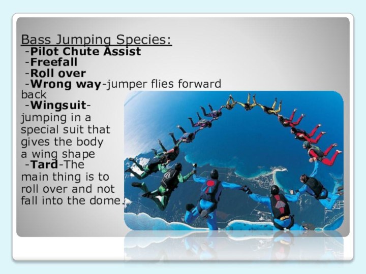 Bass Jumping Species:  -Pilot Chute Assist  -Freefall  -Roll over