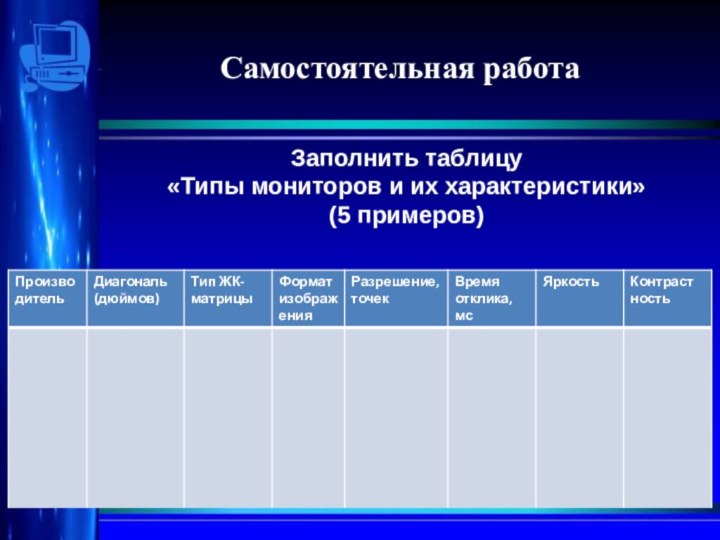 Самостоятельная работаЗаполнить таблицу «Типы мониторов и их характеристики»(5 примеров)