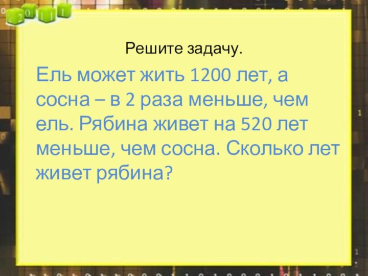 Решите задачу.  Ель может жить 1200 лет, а сосна – в 2