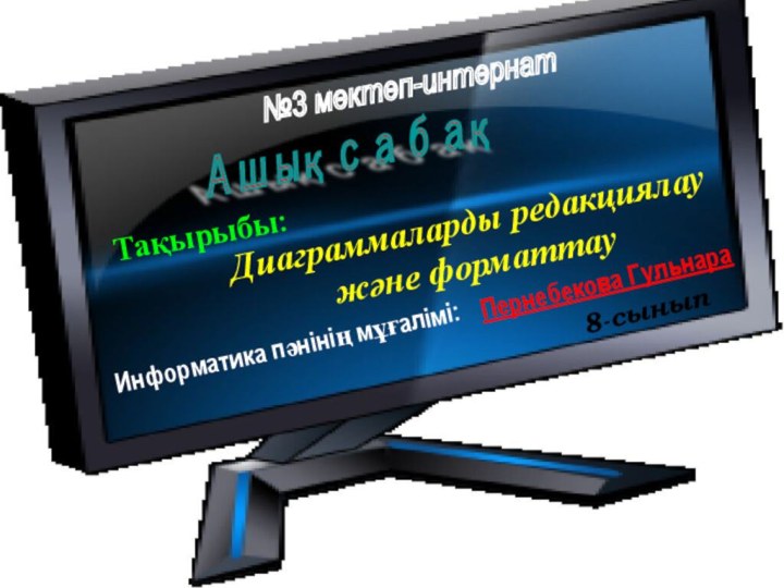 №3 мектеп-интернатАшық сабақТақырыбы:Диаграммаларды редакциялау және форматтау Информатика пәнінің мұғалімі:Пернебекова Гульнара8-сынып