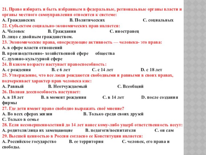 21. Право избирать и быть избранным в федеральные, региональные органы власти и