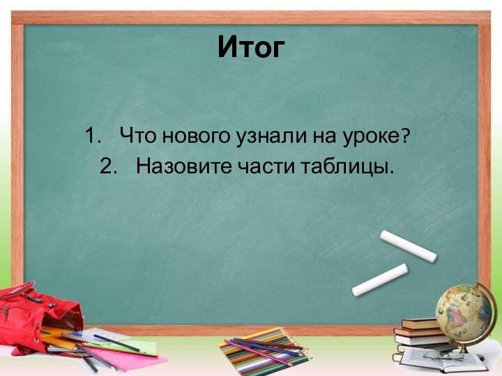 ИтогЧто нового узнали на уроке?Назовите части таблицы.