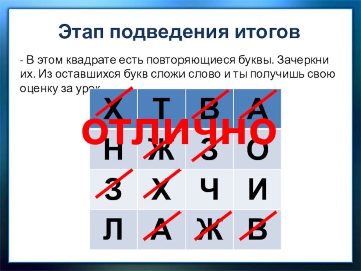 - В этом квадрате есть повторяющиеся буквы. Зачеркни их. Из оставшихся букв