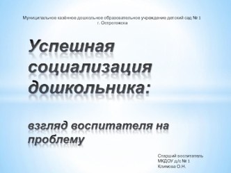 Презентация: Успешная социализация дошкольника: взгляд воспитателя на проблему