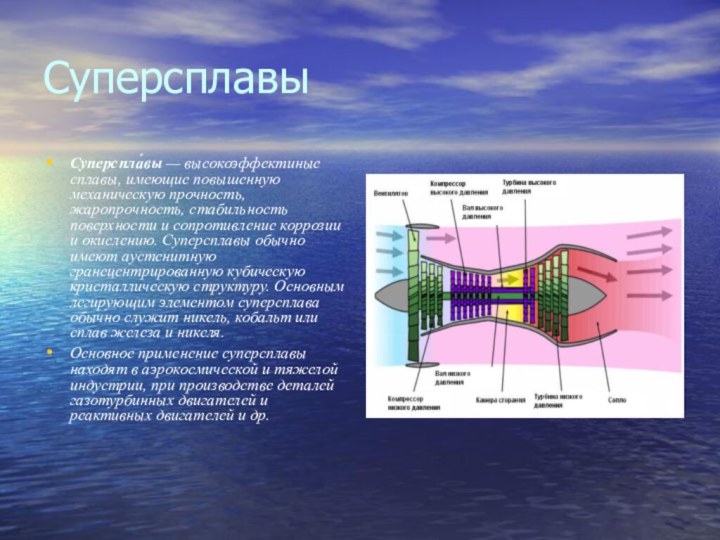 СуперсплавыСуперспла́вы — высокоэффектиные сплавы, имеющие повышенную механическую прочность, жаропрочность, стабильность поверхности и