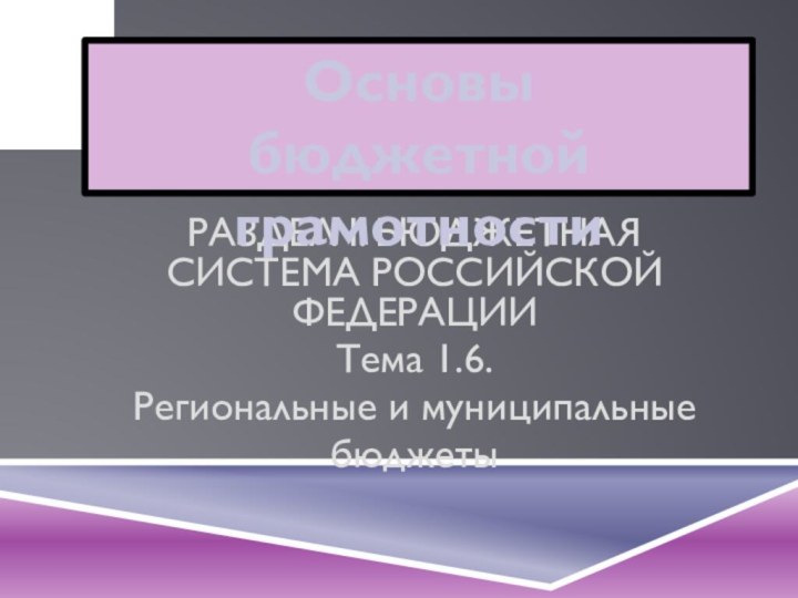 РАЗДЕЛ I. БЮДЖЕТНАЯ СИСТЕМА РОССИЙСКОЙ ФЕДЕРАЦИИТема 1.6. Региональные и муниципальныебюджетыОсновы бюджетной грамотности