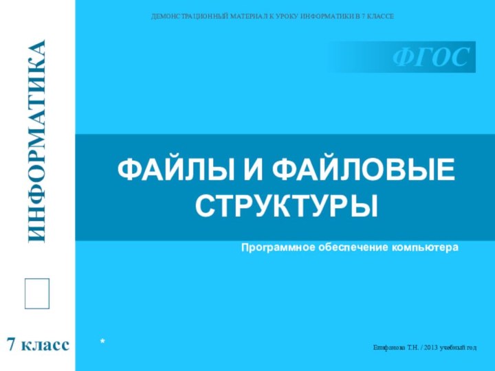 ФАЙЛЫ И ФАЙЛОВЫЕ СТРУКТУРЫПрограммное обеспечение компьютераДЕМОНСТРАЦИОННЫЙ МАТЕРИАЛ К УРОКУ ИНФОРМАТИКИ В 7