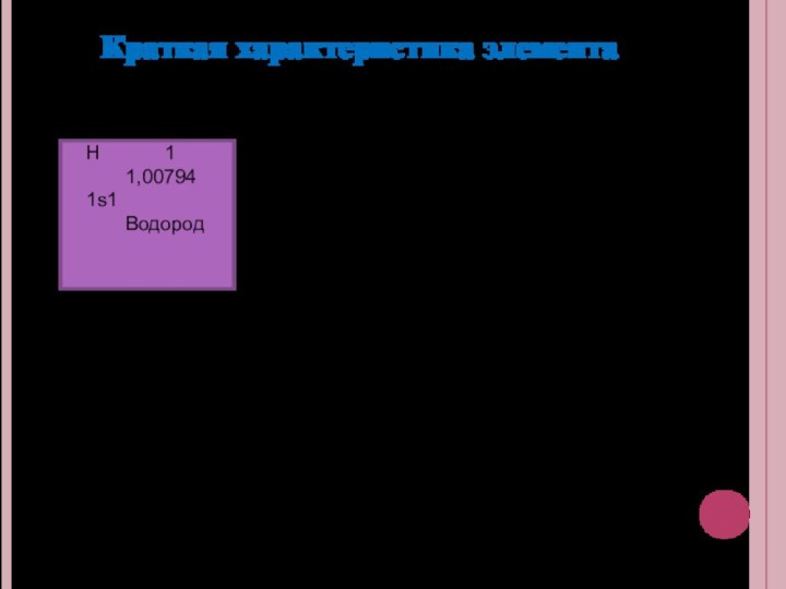 Краткая характеристика элемента	H		1		1,00794	1s1		Водород		Водоро́д — первый элемент периодической системы элементов. Широко распространён в