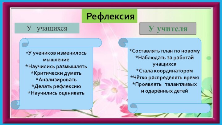 РефлексияУ учащихсяУ учителя*Составлять план по новому*Наблюдать за работайучащихся*Стала координатором*Чётко распределять время*Проявлять