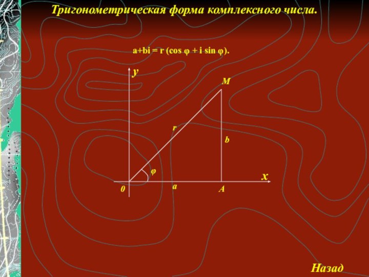 Тригонометрическая форма комплексного числа.а+bi = r (cos φ + i sin φ).  xyMAarb0φ Назад