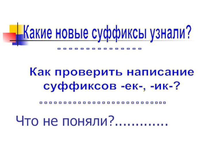 Какие новые суффиксы узнали?Как проверить написание суффиксов -ек-, -ик-?…………………………………...Что не поняли?.............