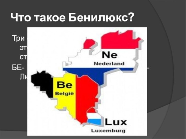 Что такое Бенилюкс?Три страны-соседки. Каждый слог в этом слове – начало названия страны.БЕ- Бельгия, НИ-Нидерланды, ЛЮКС-Люксембург.