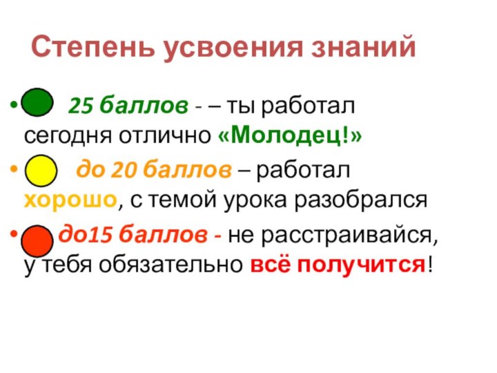 Степень усвоения знаний    25 баллов - – ты работал