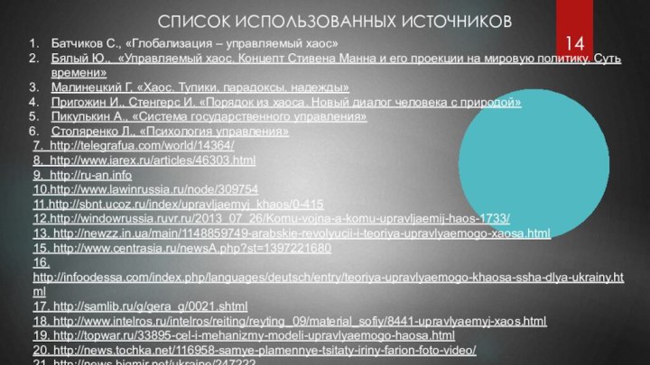 СПИСОК ИСПОЛЬЗОВАННЫХ ИСТОЧНИКОВ Батчиков С., «Глобализация – управляемый хаос»Бялый Ю., «Управляемый хаос.