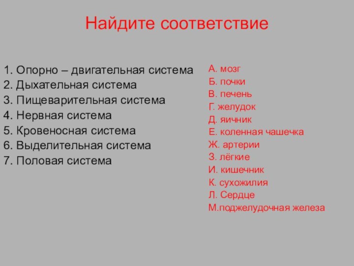 Найдите соответствие1. Опорно – двигательная система2. Дыхательная система3. Пищеварительная система4. Нервная система5.