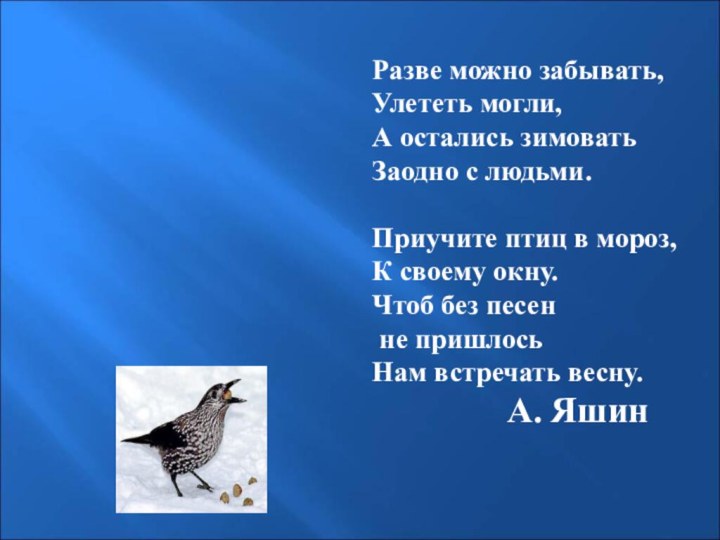 Разве можно забывать,Улететь могли,А остались зимоватьЗаодно с людьми.Приучите птиц в мороз,К своему