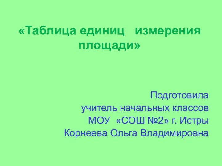 «Таблица единиц  измерения площади» Подготовила учитель начальных классов МОУ «СОШ №2» г. ИстрыКорнеева Ольга Владимировна