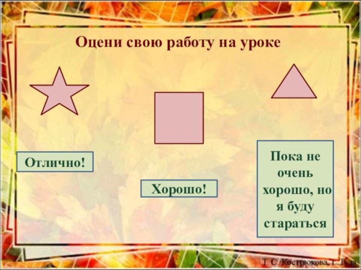 Оцени свою работу на урокеОтлично! Хорошо!Пока не очень хорошо, но я буду стараться