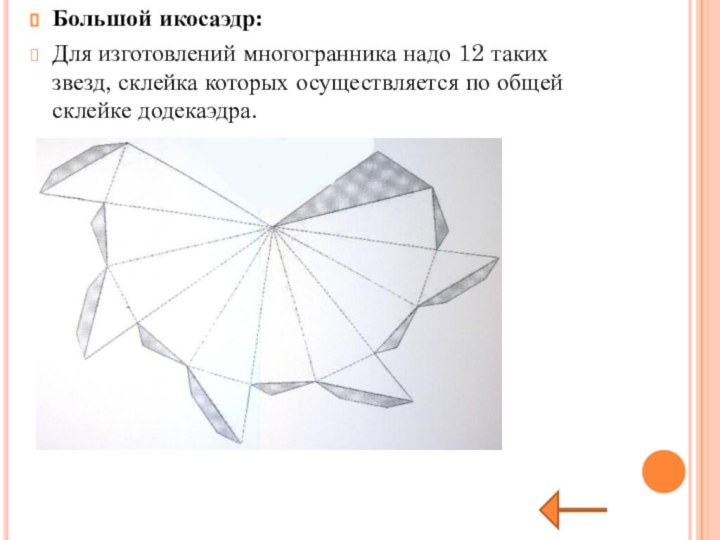 Большой икосаэдр:Для изготовлений многогранника надо 12 таких звезд, склейка которых осуществляется по общей склейке додекаэдра.