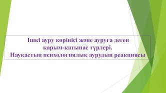 Презентация по психологии Ішкі ауру көрінісі және ауруға деген қарым - қатынас түрлері. Науқастың психологиялық аурудың реакциясы