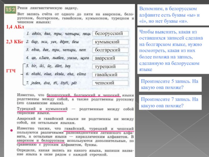 ГТЧ1,4 АБл2,3 КБгВспомним, в белорусском алфавите есть буквы «ы» и «i», но