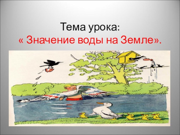 Тема урока: « Значение воды на Земле».