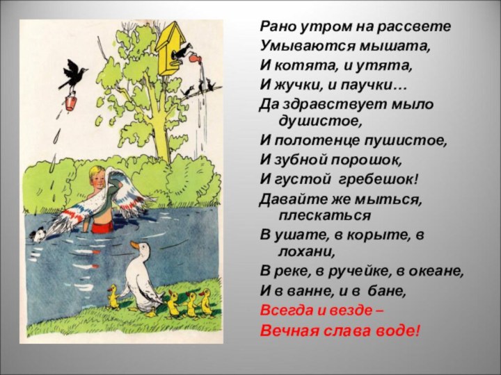 Рано утром на рассветеУмываются мышата,И котята, и утята,И жучки, и паучки…Да здравствует