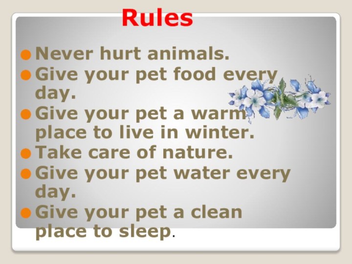 RulesNever hurt animals.Give your pet food every day.Give your pet a warm