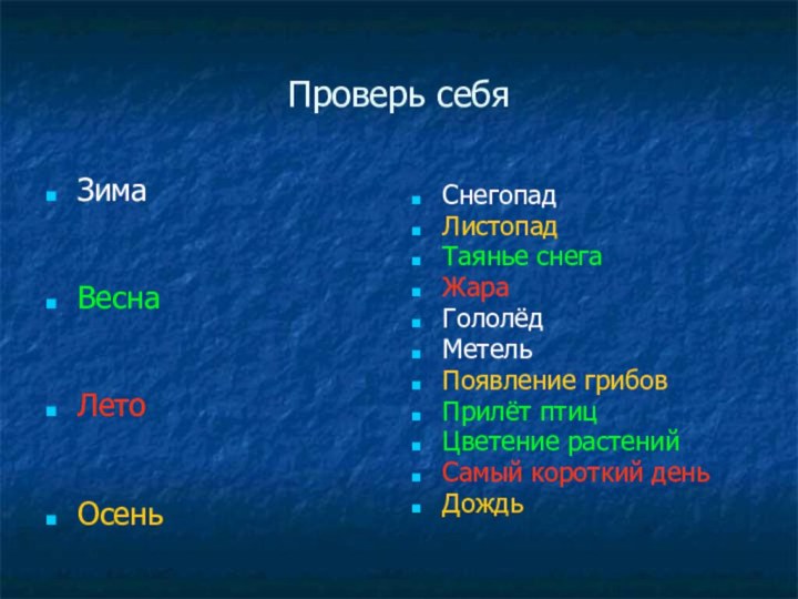 Проверь себяЗимаВеснаЛетоОсеньСнегопадЛистопадТаянье снегаЖараГололёдМетельПоявление грибовПрилёт птицЦветение растенийСамый короткий деньДождь