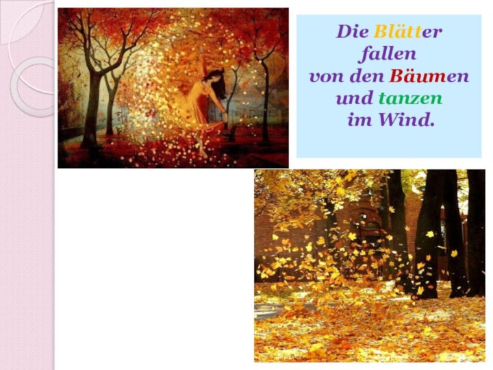 Die Blätter  fallen  von den Bäumen und tanzen  im Wind.