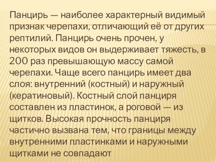 Панцирь — наиболее характерный видимый признак черепахи, отличающий её от других рептилий.