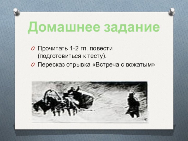 Прочитать 1-2 гл. повести (подготовиться к тесту).Пересказ отрывка «Встреча с вожатым»Домашнее задание