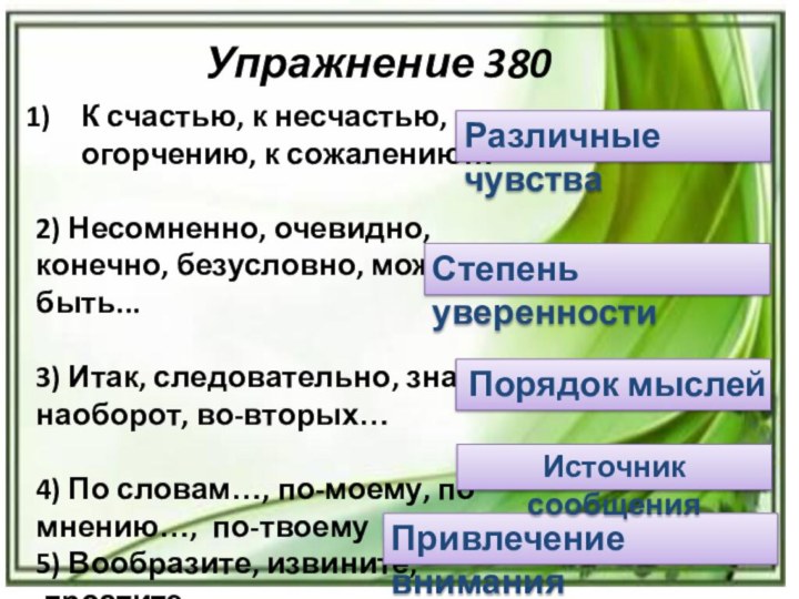 Упражнение 380К счастью, к несчастью, к огорчению, к сожалению… 2) Несомненно, очевидно,