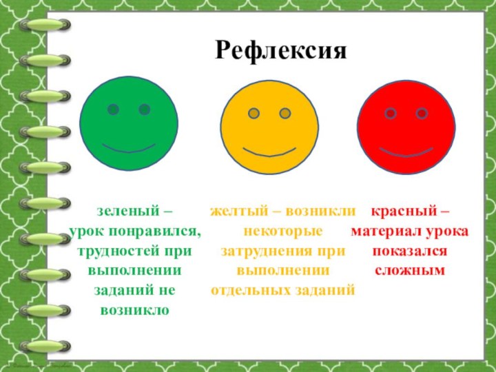 Рефлексия зеленый – урок понравился, трудностей при выполнении заданий не возникложелтый –