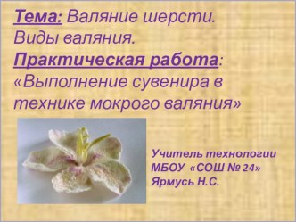 Валяние шерсти. Виды валяния. Практическая работа: Выполнение сувенира в технике мокрого валяния