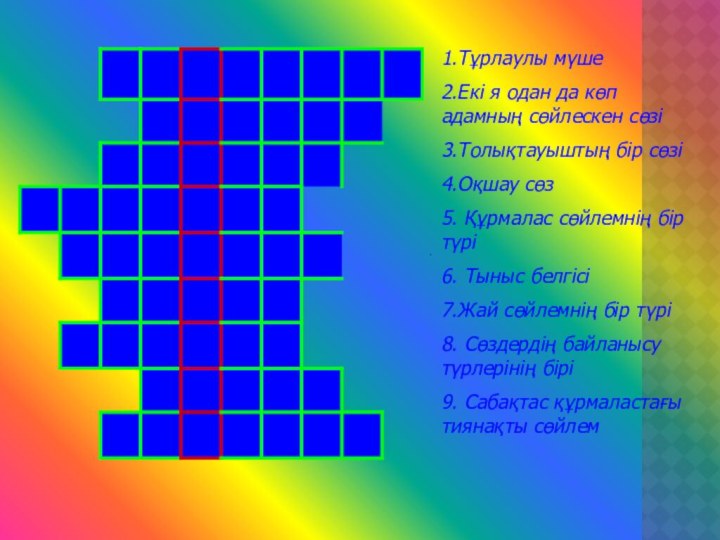 1.Тұрлаулы мүше2.Екі я одан да көп адамның сөйлескен сөзі3.Толықтауыштың бір сөзі4.Оқшау сөз5.