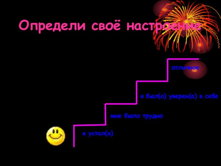 Определи своё настроениеотличноея был(а) уверен(а) в себемне было трудноя устал(а)