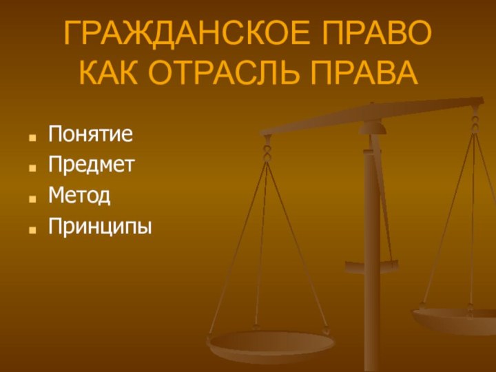 ГРАЖДАНСКОЕ ПРАВО КАК ОТРАСЛЬ ПРАВАПонятиеПредметМетодПринципы