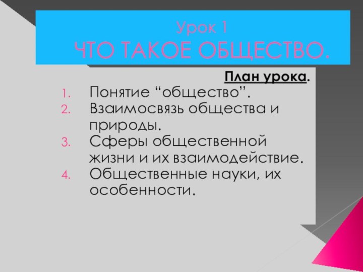 Урок 1 ЧТО ТАКОЕ ОБЩЕСТВО.План урока.Понятие “общество”.Взаимосвязь общества и природы.Сферы общественной жизни