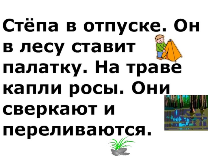 Стёпа в отпуске. Он в лесу ставит палатку. На траве капли росы. Они сверкают и переливаются.