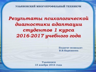 Результаты психологической диагностики адаптации студентов 1 курса 2016-2017 учебного года