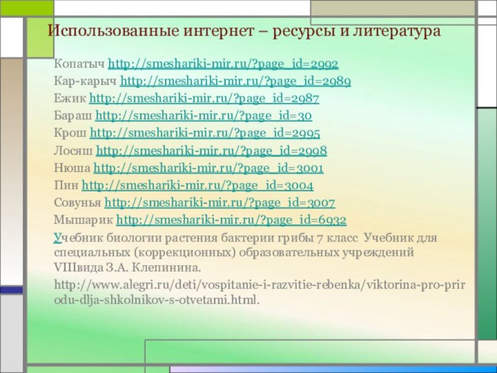 Использованные интернет – ресурсы и литератураКопатыч http://smeshariki-mir.ru/?page_id=2992Кар-карыч http://smeshariki-mir.ru/?page_id=2989Ежик http://smeshariki-mir.ru/?page_id=2987Бараш http://smeshariki-mir.ru/?page_id=30Крош http://smeshariki-mir.ru/?page_id=2995Лосяш http://smeshariki-mir.ru/?page_id=2998Нюша