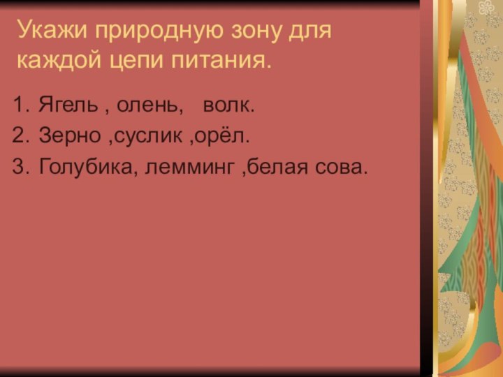 Укажи природную зону для каждой цепи питания.Ягель , олень,  волк.Зерно ,суслик ,орёл.Голубика, лемминг ,белая сова.