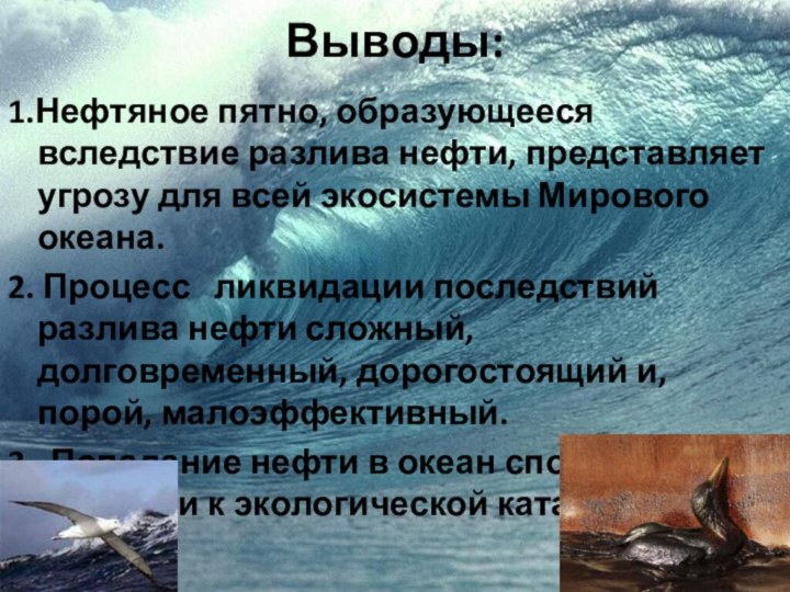 Выводы:1.Нефтяное пятно, образующееся вследствие разлива нефти, представляет угрозу для всей экосистемы Мирового