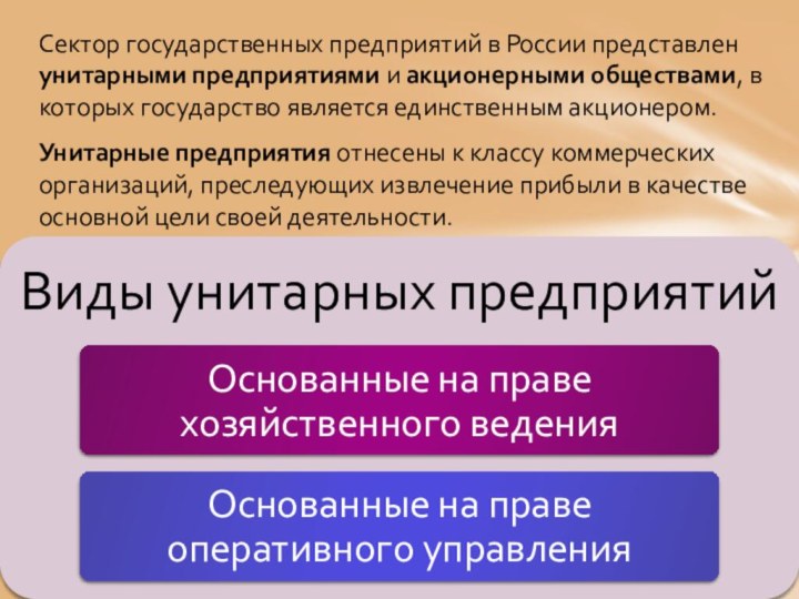 Сектор государственных предприятий в России представлен унитарными предприятиями и акционерными обществами, в