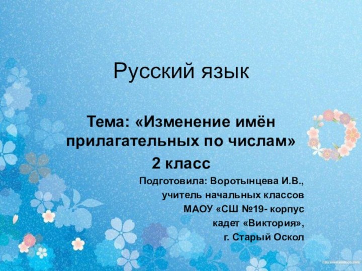 Русский языкТема: «Изменение имён прилагательных по числам» 2 классПодготовила: Воротынцева И.В., учитель