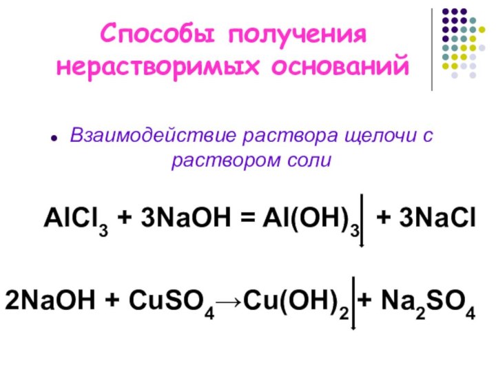Способы получения нерастворимых основанийВзаимодействие раствора щелочи с раствором солиАlCl3 + 3NaOH =