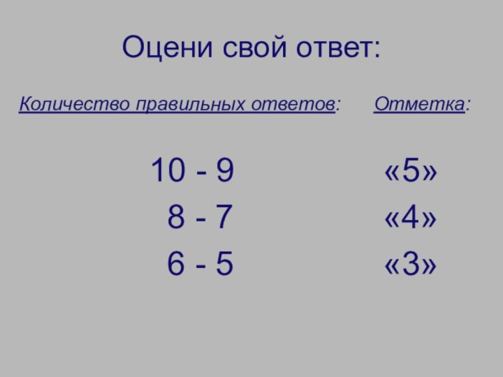 Оцени свой ответ:Количество правильных ответов:   Отметка: