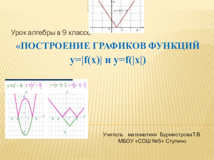 «Построение графиков функций у=|f(x)| и у=f(|x|)Урок алгебры в 9 классеУчитель  математики БурмистроваТ.В.МБОУ «СОШ №5» СтупиноPrezentacii.com