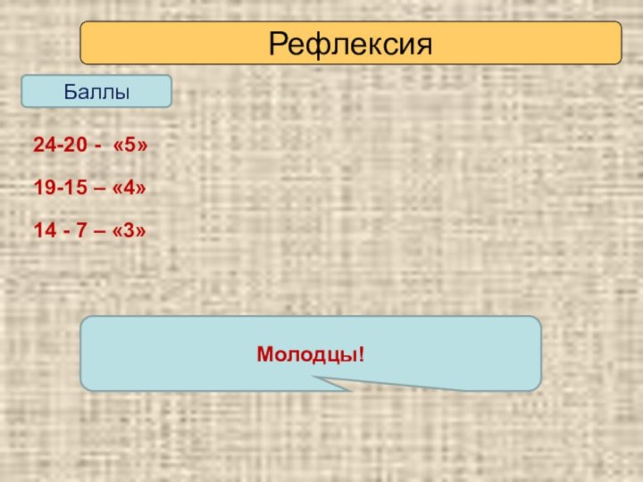 РефлексияДомашнее задание24-20 - «5»19-15 – «4»14 - 7 – «3»БаллыМолодцы!